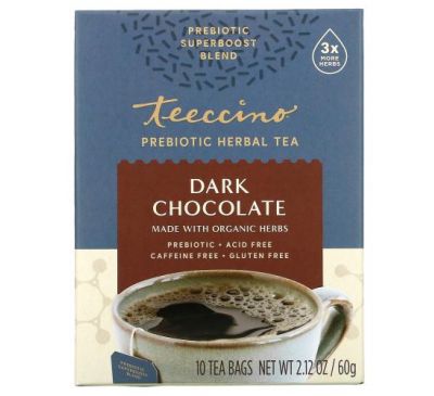 Teeccino, Prebiotic Herbal Tea, органический темный шоколад, без кофеина, 10 чайных пакетиков, 60 г (2,12 унции)