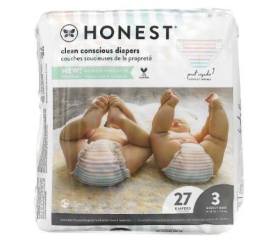The Honest Company, Honest Diapers, Size 3, 16-28 Pounds, Rainbow Stripes, 27 Diapers