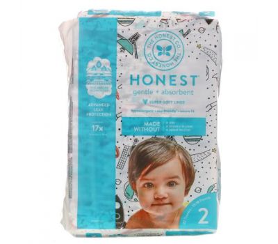 The Honest Company, Honest Diapers, сверхмягкая подкладка, размер 2, Space Travel, 12–18 фунтов (12–18 фунтов), 32 подгузника