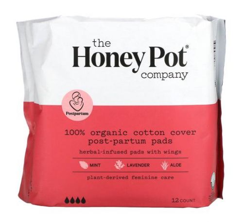 The Honey Pot Company, Organic Herbal-Infused Pads with Wings, Post-Partum, 12 Count