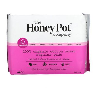 The Honey Pot Company, Organic Regular Herbal-Infused Pads with Wings, 20 Count