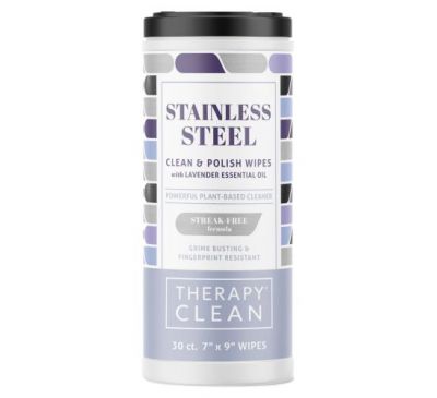 Therapy Clean, Stainless Steel, Clean & Polish Wipes with Lavender Essential Oil, 30 Wipes
