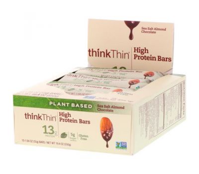 Think !, Батончики с высоким содержанием протеина, с морской солью, миндалем и шоколадом, 10 баточников, 1,94 унц. (55 г) каждый