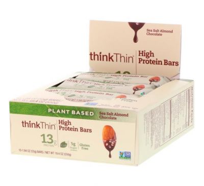 Think !, Батончики с высоким содержанием протеина, с морской солью, миндалем и шоколадом, 10 баточников, 1,94 унц. (55 г) каждый