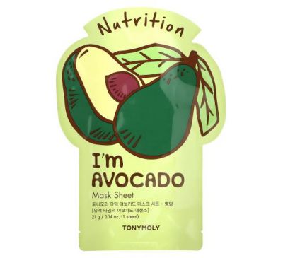 Tony Moly, I'm Avocado, питательная тканевая маска, 1 шт., 21 г (0,74 унции)