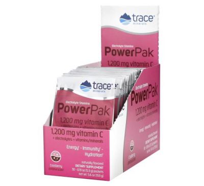 Trace Minerals ®, электролит для повышения выносливости, PowerPak, со вкусом клюквы, 30 пакетиков по 5,3 г (0,19 унции)