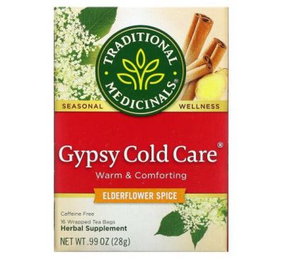Traditional Medicinals, Gypsy Cold Care, специи из бузины, без кофеина, 16 чайных пакетиков в упаковке, 28 г (0,99 унции)