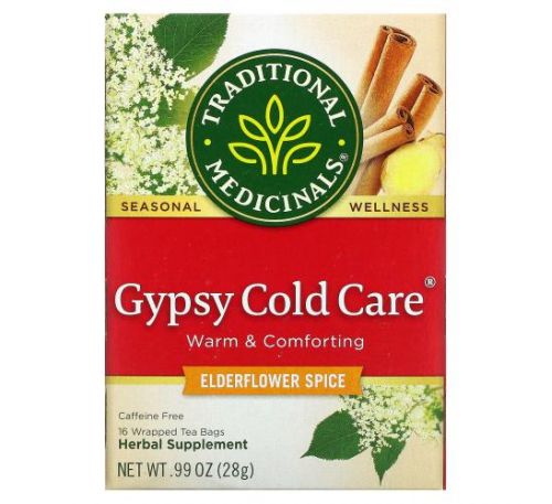 Traditional Medicinals, Gypsy Cold Care, Elderflower Spice, Caffeine Free, 16 Wrapped Tea Bags, .99 oz (28 g)