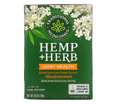 Traditional Medicinals, Hemp+ Herb, Joint Health, + Meadowsweet, Caffeine Free, 16 Wrapped Tea Bags, .85 oz (24 g)