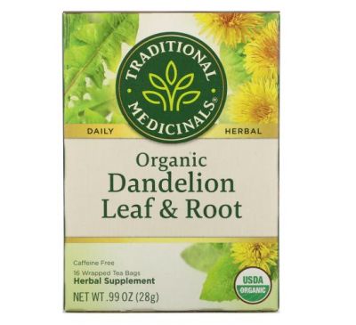 Traditional Medicinals, Herbal Teas, Organic Dandelion Leaf & Root Tea, Naturally Caffeine Free, 16 Wrapped Tea Bags, .99 oz (28 g)