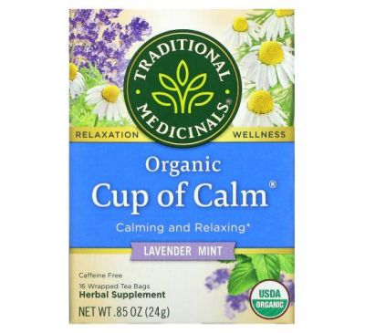Traditional Medicinals, Organic Cup of Calm, Lavender Mint, Caffeine Free, 16 Wrapped Tea Bags, .85 oz (24 g)