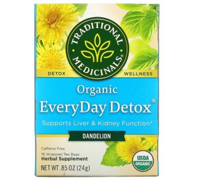 Traditional Medicinals, Organic EveryDay Detox, одуванчик, без кофеина, 16 чайных пакетиков в упаковке, 24 г (0,85 унции)