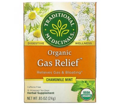 Traditional Medicinals, Organic Gas Relief, Caffeine Free, Chamomile Mint, 16 Wrapped Tea Bags, .85 oz (24 g)