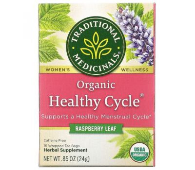 Traditional Medicinals, Organic Healthy Cycle, Raspberry Leaf, Caffeine Free, 16 Wrapped Tea Bags, .85 oz (24 g)