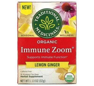 Traditional Medicinals, Organic Immune Zoom, Lemon Ginger, Caffeine Free, 16  Wrapped Tea Bags, 1.13 oz (32 g)
