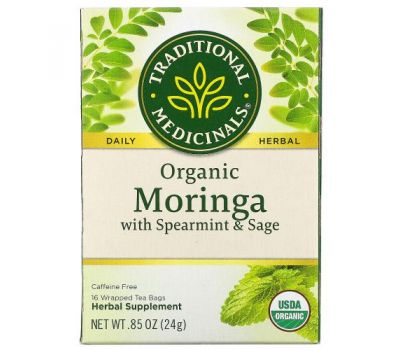 Traditional Medicinals, Organic Moringa with Spearmint & Sage, Caffeine Free, 16 Wrapped Tea Bags, .85 oz (24 g)