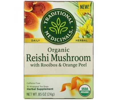 Traditional Medicinals, Organic Reishi Mushroom with Rooibos & Orange Peel, Caffeine Free, 16 Wrapped Tea Bags, .85 oz (24 g)