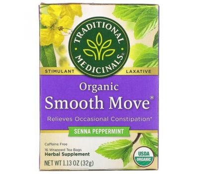 Traditional Medicinals, Organic Smooth Move, Senna Peppermint, Caffeine Free, 16 Wrapped Tea Bags, 1.13 oz (32 g)