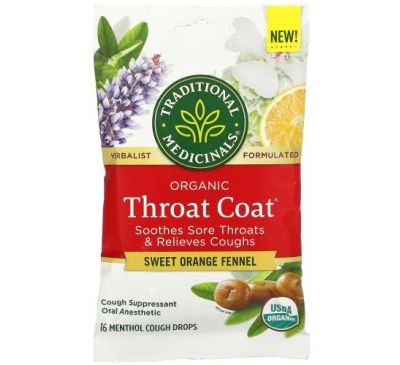 Traditional Medicinals, Organic Throat Coat Drops, Sweet Orange Fennel, 16 Menthol Cough Drops