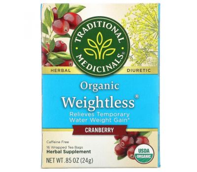 Traditional Medicinals, Organic Weightless, Cranberry, Caffeine Free, 16 Wrapped Tea Bags, .85 oz (24 g)