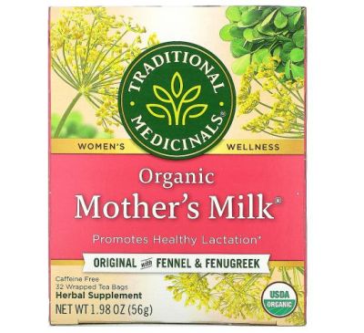 Traditional Medicinals, Mother's Milk, органический фирменный чай с фенхелем и пажитником, без кофеина, 32 чайных пакетиков, 56 г (1,98 унции)