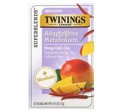 Twinings, Boost, Adaptogens, Mango Chili Chai Flavored Herbal Tea, Caffeine Free, 18 Tea Bags, 0.95 oz (27 g)