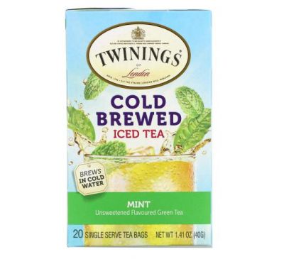 Twinings, холодный чай со льдом, несладкий зеленый чай, вкус мяты, 20 индивидуальных чайных пакетиков, 40 г (1,41 унции)