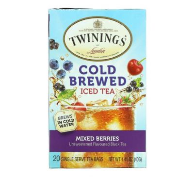 Twinings, Cold Brewed Iced Tea, Unsweetened Flavoured Black Tea, Mixed Berries, 20 Single Serve Tea Bags, 1.41 oz (40 g)
