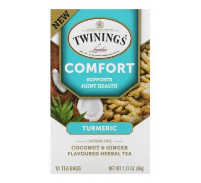 Twinings, Comfort Herbal Tea,  Turmeric, Coconut & Ginger, Caffeine Free, 18 Tea Bags, 1.27  oz (36 g)