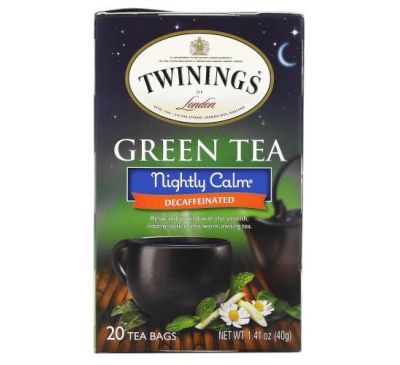 Twinings, Green Tea, Nightly Calm, Naturally Decaffeinated, 20 Tea Bags, 1.41 oz (40 g)