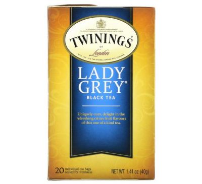 Twinings, черный чай Lady Grey, 20 чайных пакетиков, 40 г (1,41 унции)