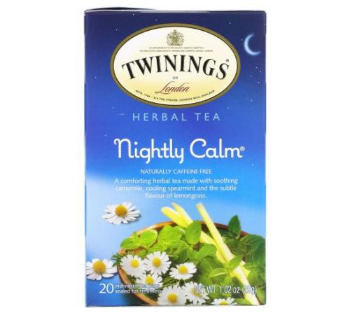 Twinings, Nightly Calm, трав’яний чай, без кофеїну, 20 чайних пакетиків, 29 г (1,02 унції)