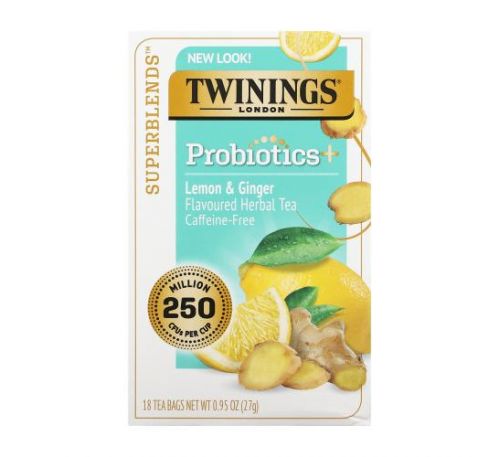 Twinings, Probiotics Flavoured Herbal Tea, Lemon & Ginger, Caffeine-Free, 18 Tea Bags, 0.95 oz (27 g)