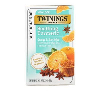 Twinings, Soothe Herbal Tea, Turmeric, Orange and Star Anise, Caffeine Free, 18 Tea Bags, 1.27 oz (36 g)