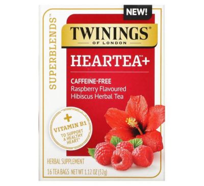 Twinings, Superblends, Heartea, трав’яний чай з вітаміном B1, малиною та гібіскусом, без кофеїну, 16 чайних пакетиків, 32 г (1,12 унції)