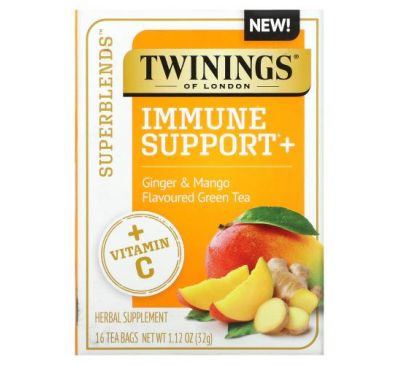 Twinings, Superblends, зелений чай з вітаміном C, імбиром і манго, для підтримки імунітету, 16 чайних пакетиків, 32 г (1,12 унції)