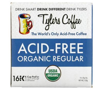 Tylers Coffees, Organic Coffee, Regular, Acid-Free, 16 K-Cup Pods, (8 g) Each