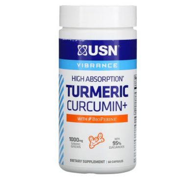 USN, High Absorption Turmeric Curcumin+ with BioPerine, 500 mg, 60 Capsules