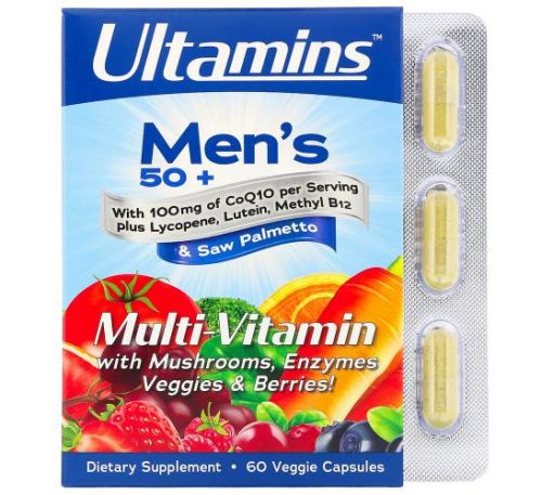 Ultamins, мультивітаміни для чоловіків старше 50 років, з коензимом Q10, грибами, ферментами, овочами та ягодами, 60 рослинних капсул