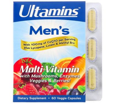 Ultamins, мультивітаміни для чоловіків з CoQ10, гриби, ферменти, овочі та ягоди, 60 вегетаріанських капсул