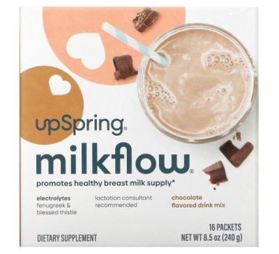 UpSpring, MilkFlow, суміш для приготування напою, гуньба й хрестовий корінь, шоколад, 16 пакетиків по 15 г
