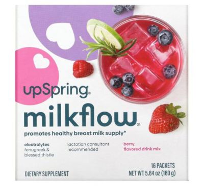 UpSpring, MilkFlow, Fenugreek & Blessed Thistle Supplement Drink, Berry , 16 Packets, (10 g) Each