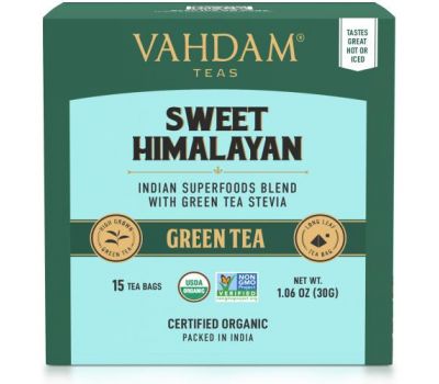 Vahdam Teas, Green Tea, Sweet Himalayan, 15 Tea Bags, 1.06 oz (30 g)