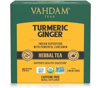Vahdam Teas, Herbal Tea, Turmeric Ginger, Caffeine Free, 15 Infusion Bags, 1.06 oz (30 g)