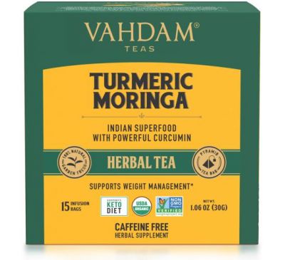 Vahdam Teas, Herbal Tea, Turmeric Moringa, Caffeine Free, 15 Infusion Bags, 1.06 oz (30 g)