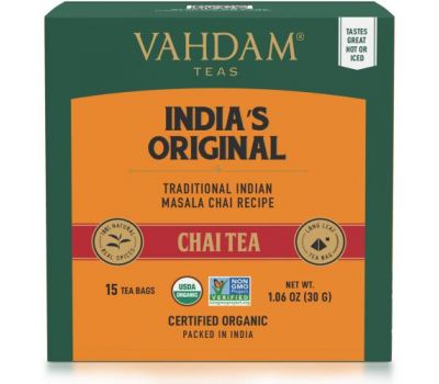 Vahdam Teas, India's Original, Chai Tea, 15 Tea Bags, 1.06 oz (30 g)