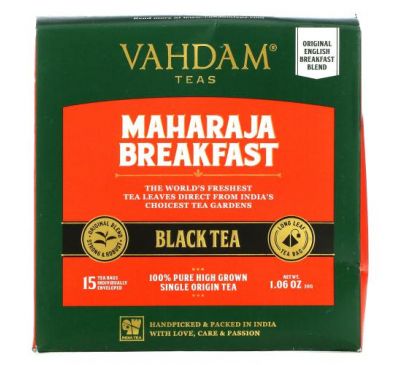 Vahdam Teas, Maharaja Breakfast Black Tea, 15 Tea Bags, 1.06 oz (30 g)