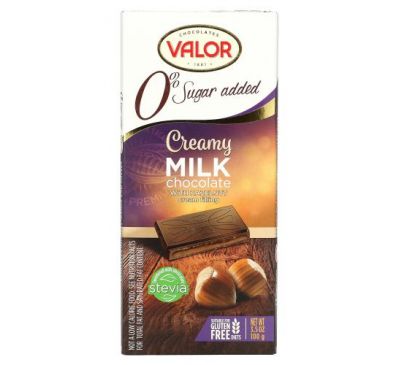 Valor, 0% Sugar Added, Creamy Milk Chocolate With Hazelnut Cream Filling, 3.5 oz (100 g)