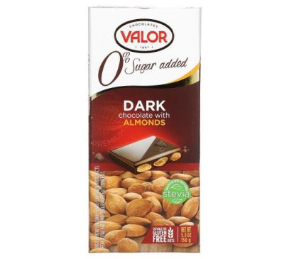 Valor, Темный шоколад с миндалем, 52% какао, без добавления сахара, 150 г (5,3 унции)