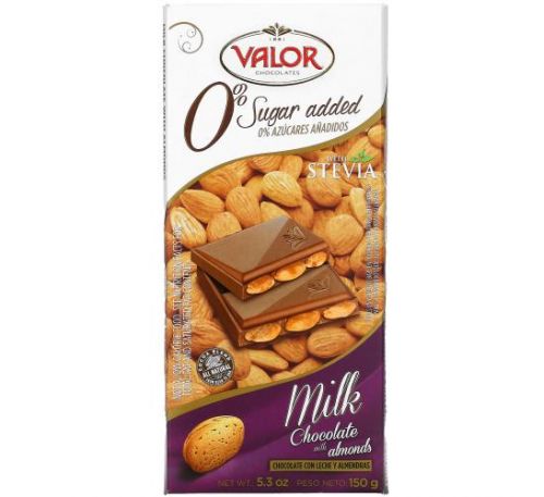 Valor, 0% Sugar Added, Milk Chocolate with Almonds, 5.3 oz (150 g)
